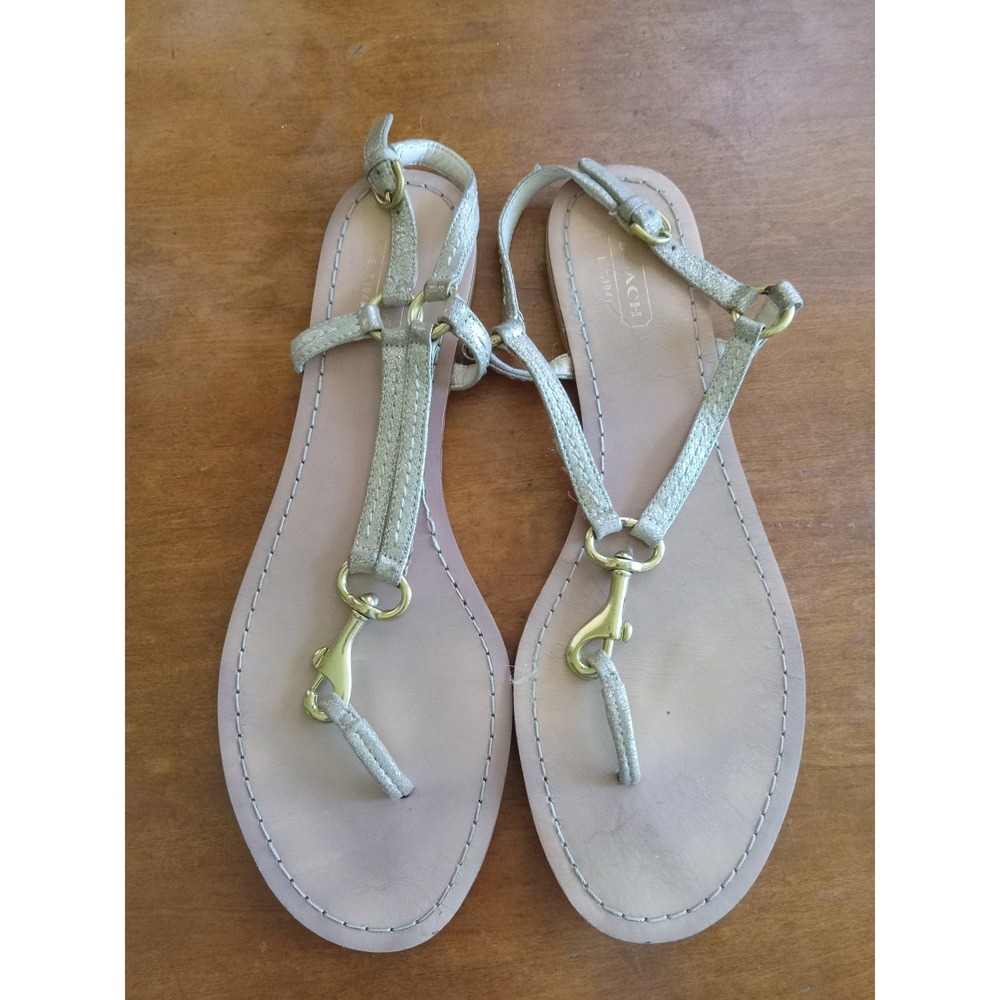 Coach Rue Metallic Gold Leather T-Strap Flat Sandals Brass Hardware Size 9B
